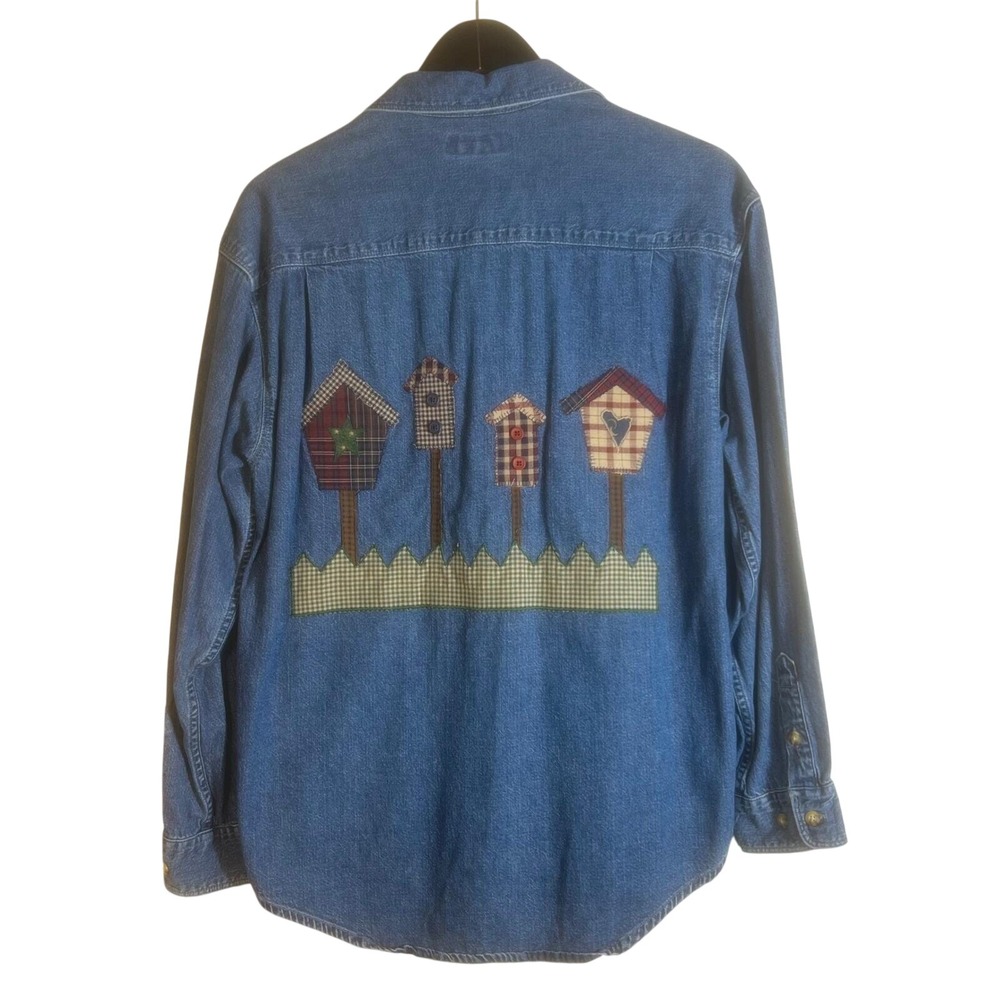 Vintage Eddie Bauer Denim Shirt Women's Small Birdhouse Embroidered Long Sleeve - Picture 5 of 8